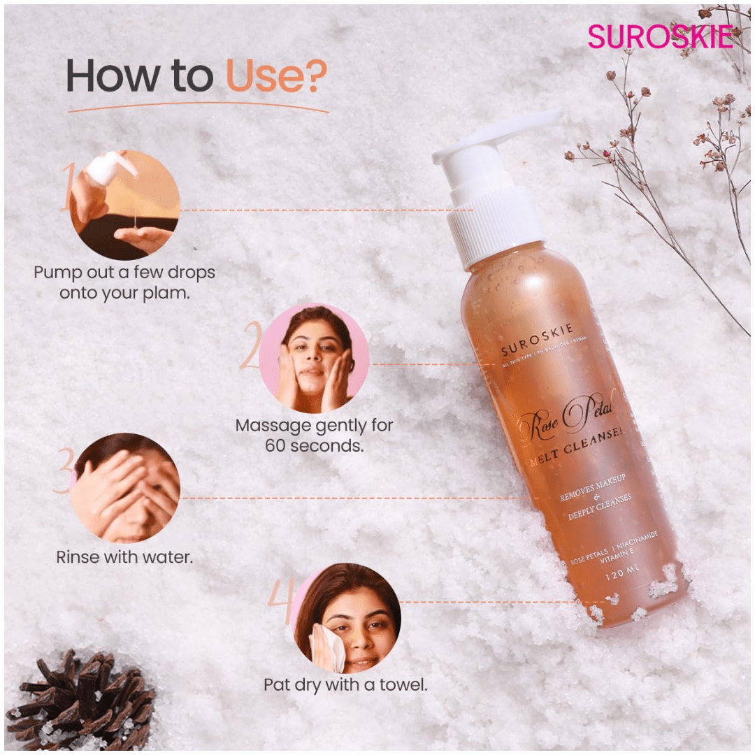 suroskie rose petal clenger - SUROSKIE Rose Petals Melt Cleanser 120ml |2 - in - 1 Face Wash & Makeup Remover | Rose Water, Niacinamide & Vitamin E for Nourished, | Brightens &... - Looknstyle
