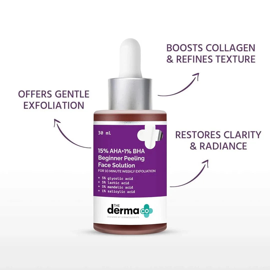 The Derma Co 15% AHA + 1% BHA Beginner Repairing, Radiant Skin, Exfoliating, Removes Impurities Face Peeling Solution for 10 - Minute Weekly Exfoliation - 30ml - Deals999