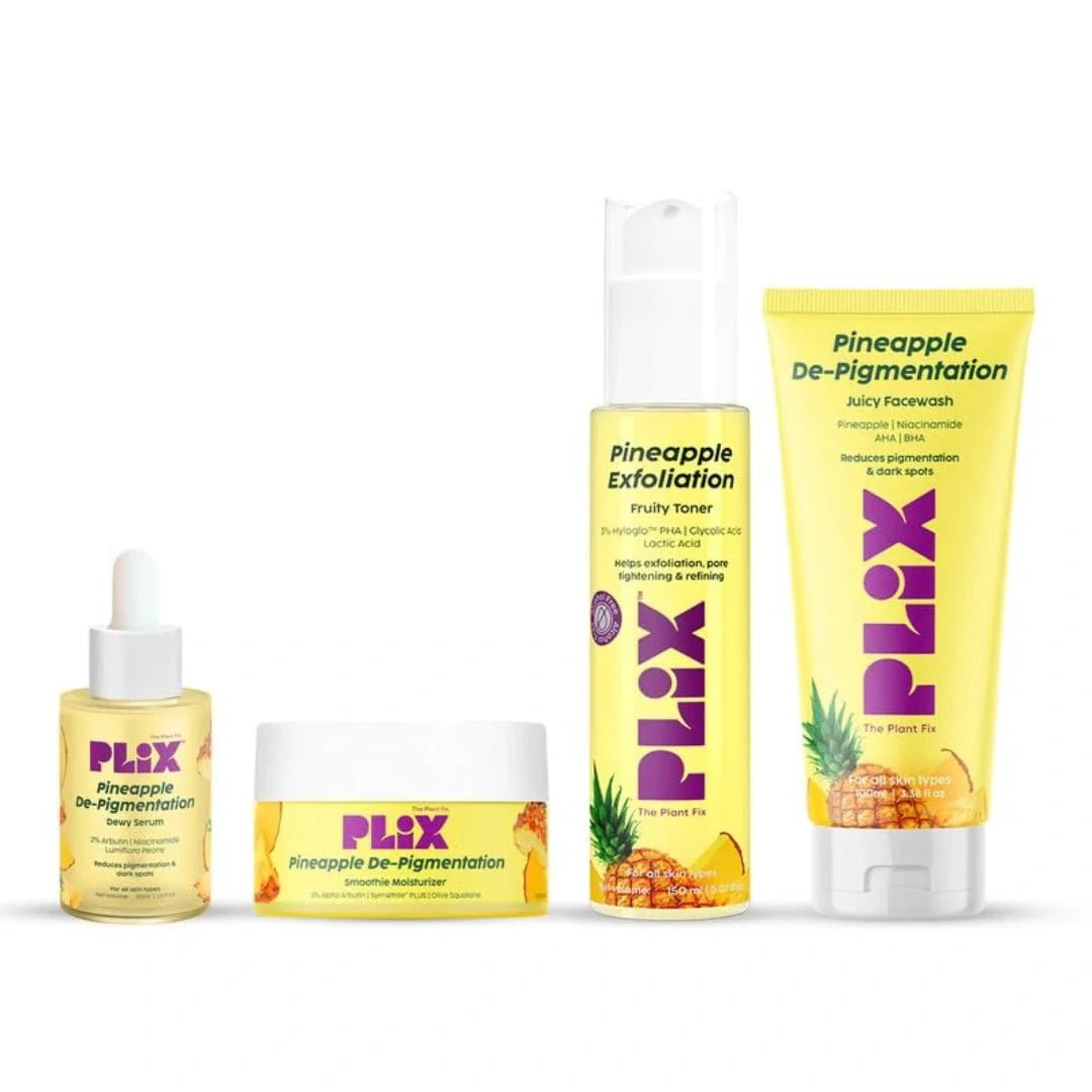 plixpinecsrt - PLIX - THE PLANT FIX| Pineapple De - Pigmentation Regime with Pineapple Exfoliation Fruity Toner, Pineapple Juicy Cleanser, Pineapple Depigmentation Dewy Serum, & Smoothie Moisturizer ( pack - 4) - Looknstyle