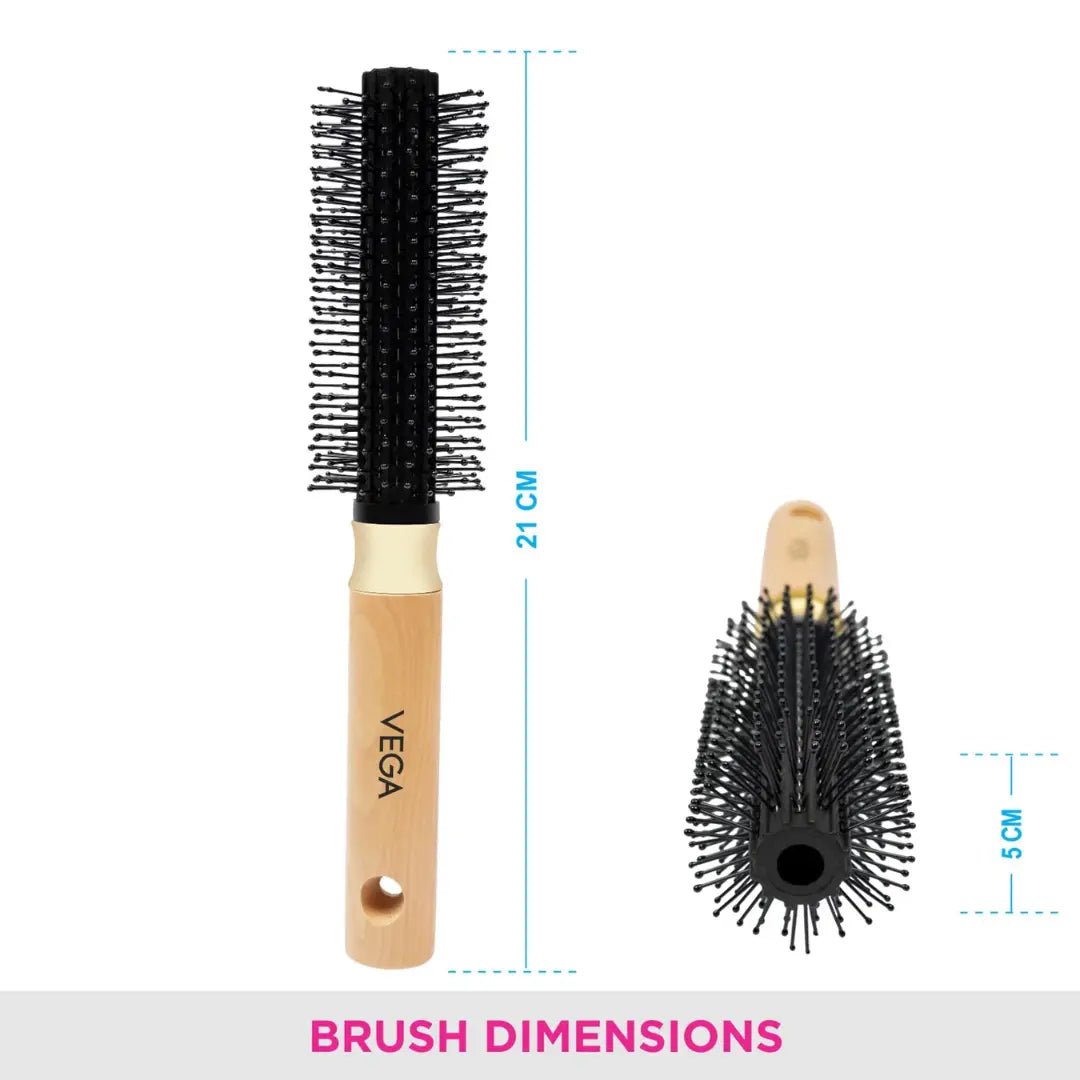 vega(e1-rb) - Vega Round and Roll Brush with Wooden Colored Handle and Black Colored Brush Head - Looknstyle