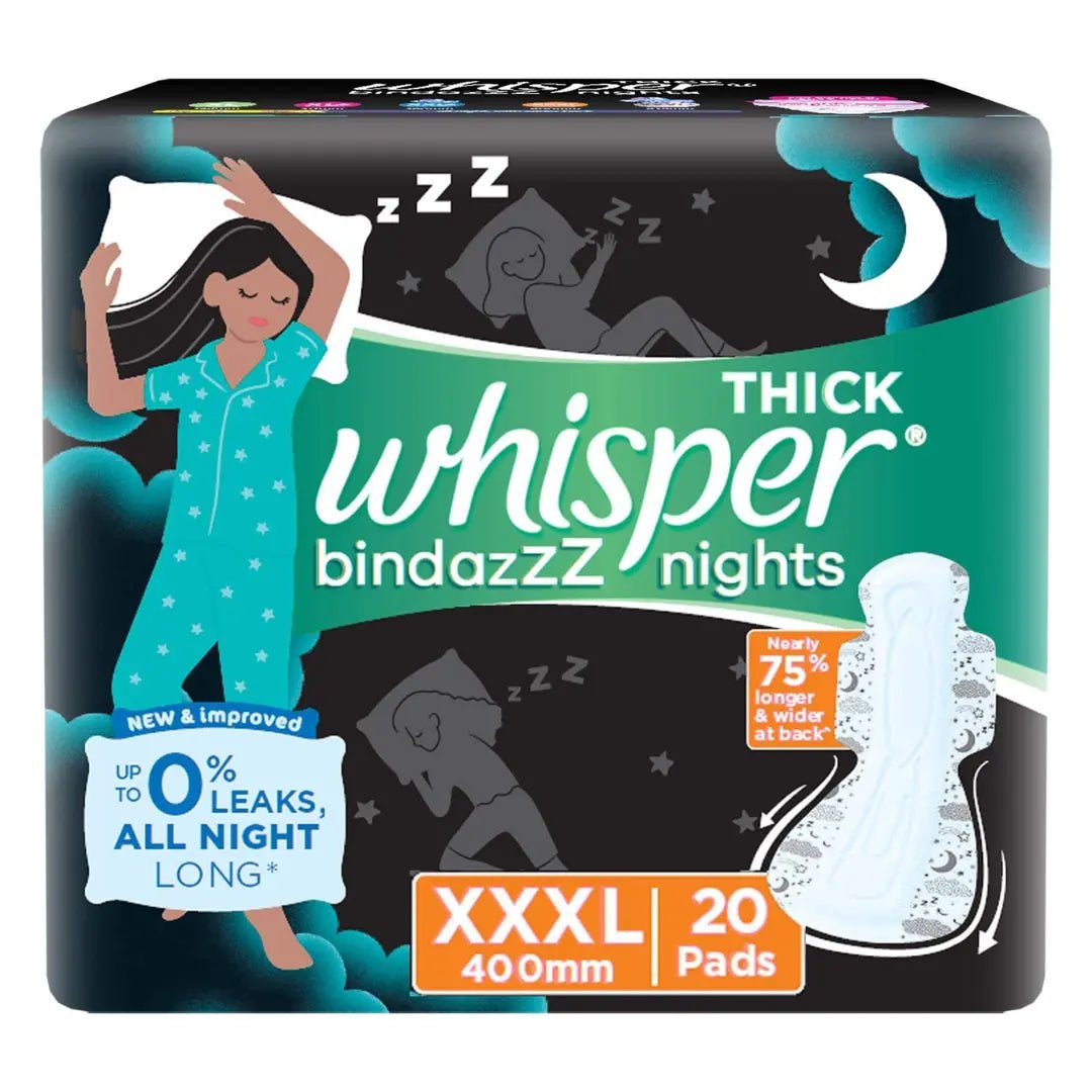 whis12 - WHISPER BINDAZZZ NIGHTS SANITARY PADS, 20 XXXL PADS, UPTO 0% LEAKS ALL NIGHT LONG, FOR HEAVY FLOW, 75% LONGER & WIDER BACK, COMFORTABLE CUSHIONY SOFT WINGS, DISPOSABLE WRAPPER - Looknstyle